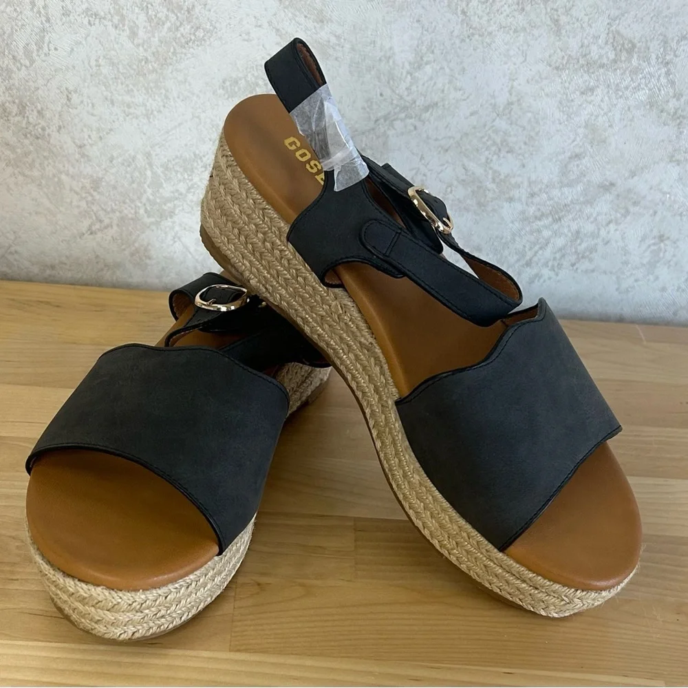 Black Scalloped Espadrille Platform Sandals Size 9 NWT In Box